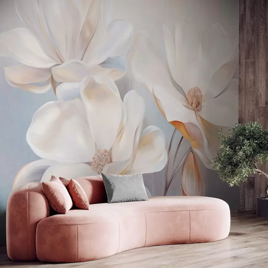wall murals White fantasy magnolia flowers with delicate textured petals, a soft, abstract background w09373