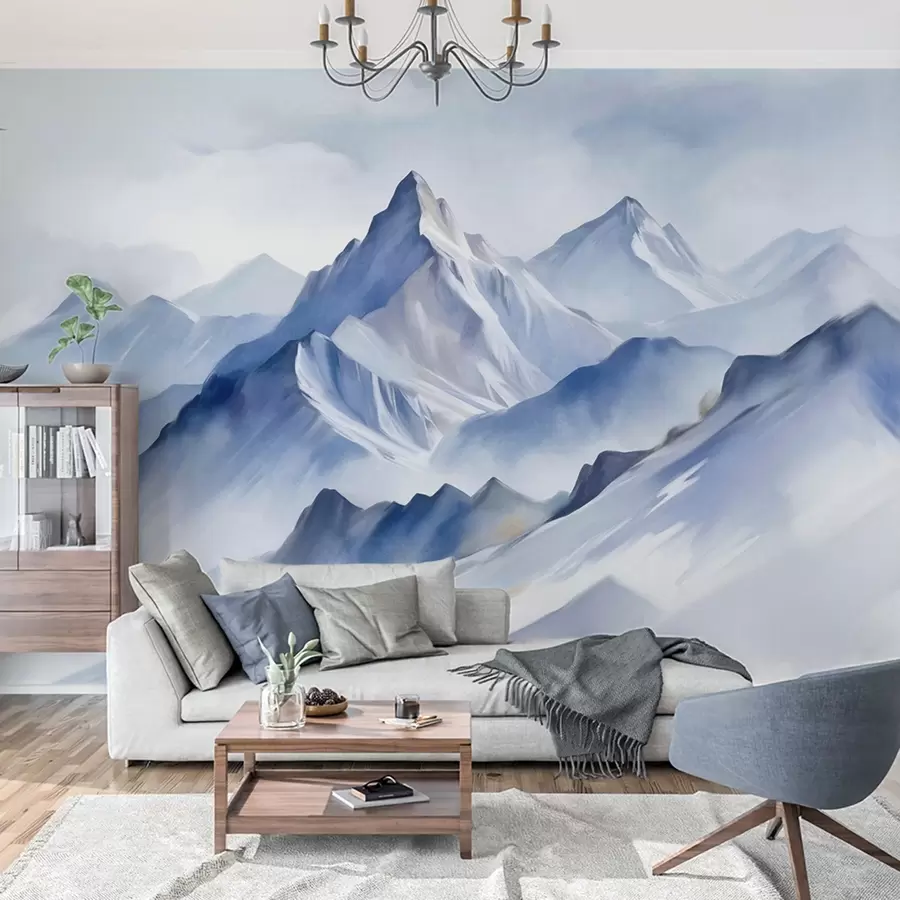 wall murals Textured snowy mountains with a soft, watercolor effect and a palette of blue and white w09630