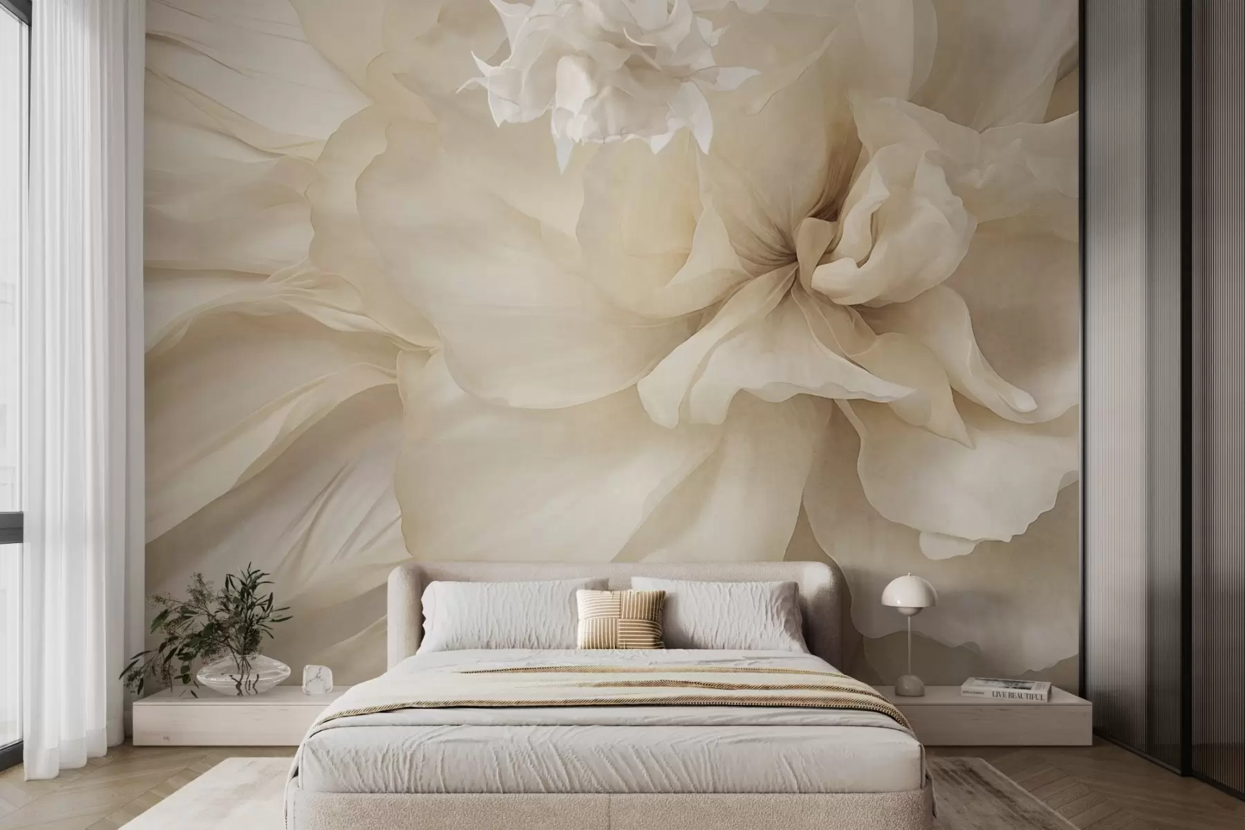 wall murals Textured delicate, light-colored flower with translucent petals, soft abstract background w09632
