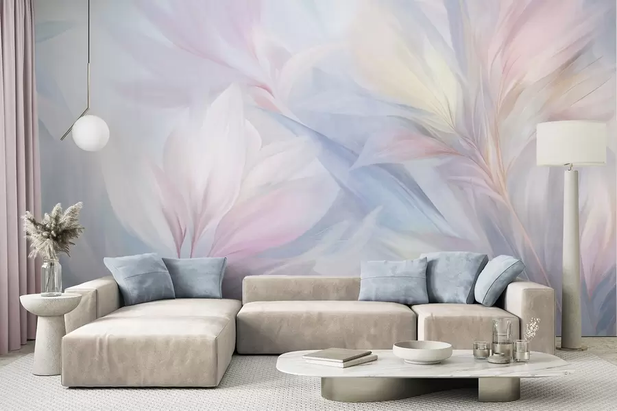 wall murals Soft, pastel-colored leaves and feathers in shades of pink, blue and yellow, abstract and textured print w09634