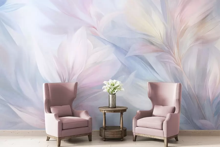 wall murals Soft, pastel-colored leaves and feathers in shades of pink, blue and yellow, abstract and textured print w09634