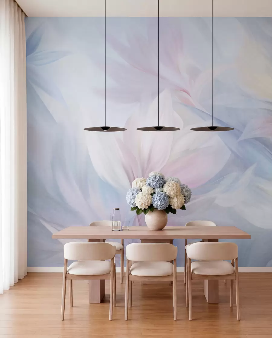 wall murals Soft, pastel-colored leaves and feathers in shades of pink, blue and yellow, abstract and textured print w09634