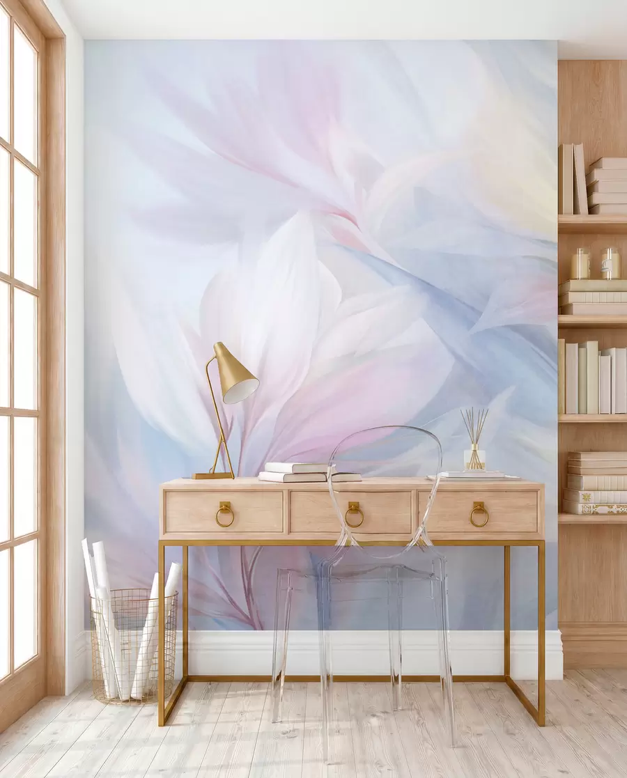 wall murals Soft, pastel-colored leaves and feathers in shades of pink, blue and yellow, abstract and textured print w09634
