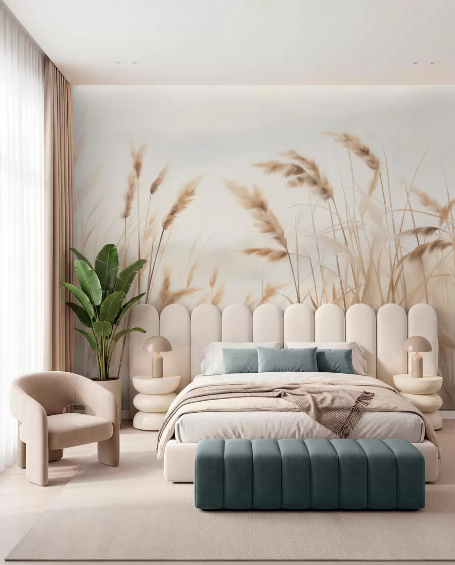 wall murals Tall, textured dry grass with ears of wheat in the field against a soft, pale background w09648