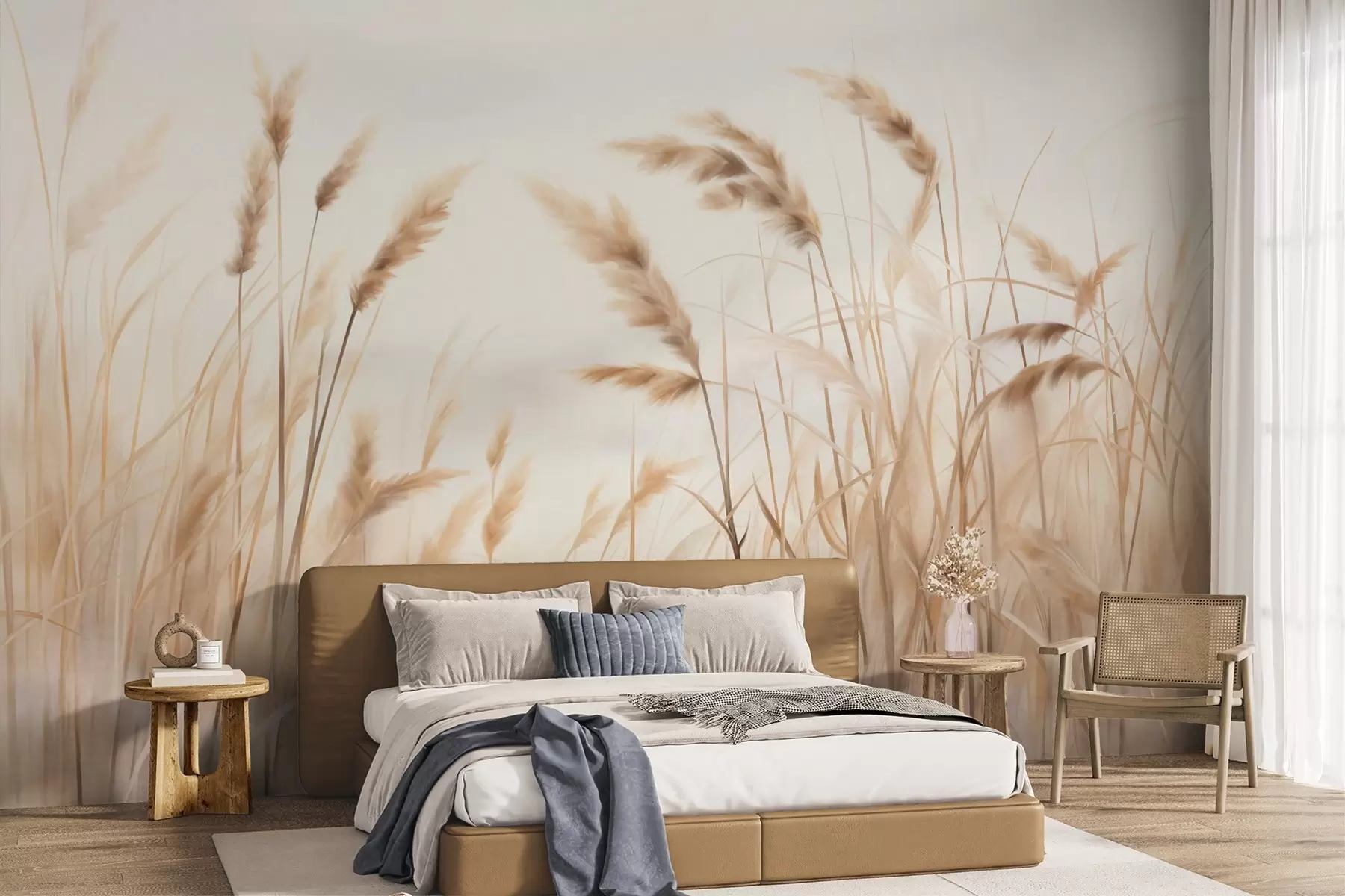 wall murals Tall, textured dry grass with ears of wheat in the field against a soft, pale background w09648