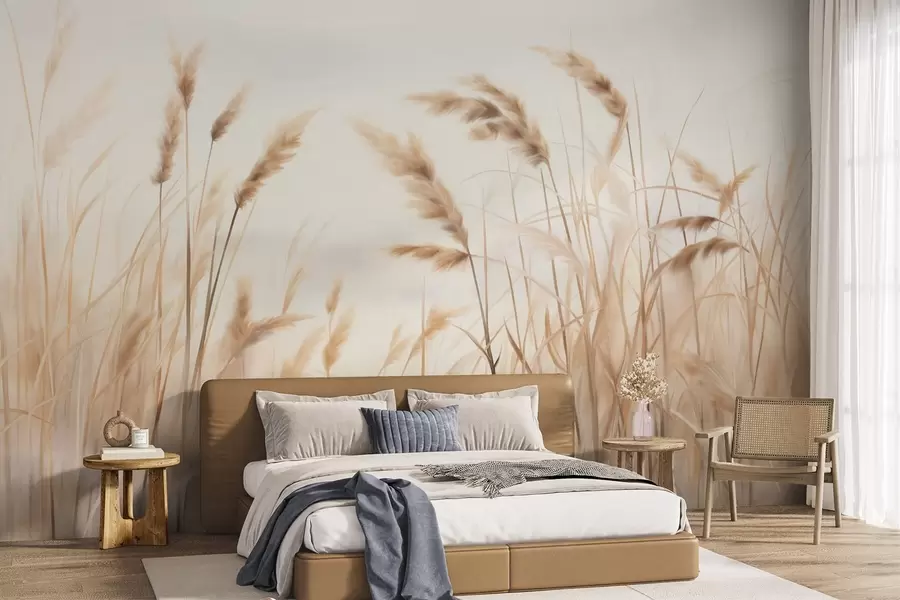 wall murals Tall, textured dry grass with ears of wheat in the field against a soft, pale background w09648