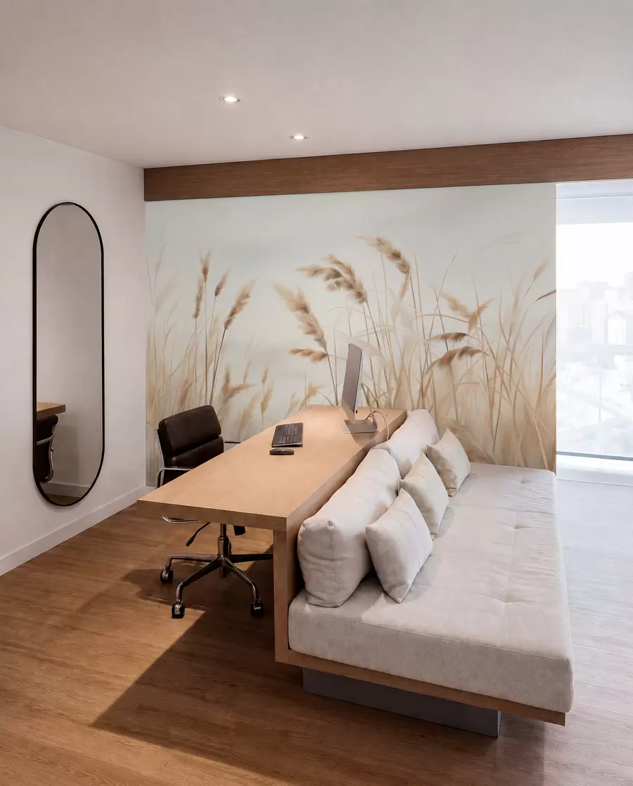 wall murals Tall, textured dry grass with ears of wheat in the field against a soft, pale background w09648