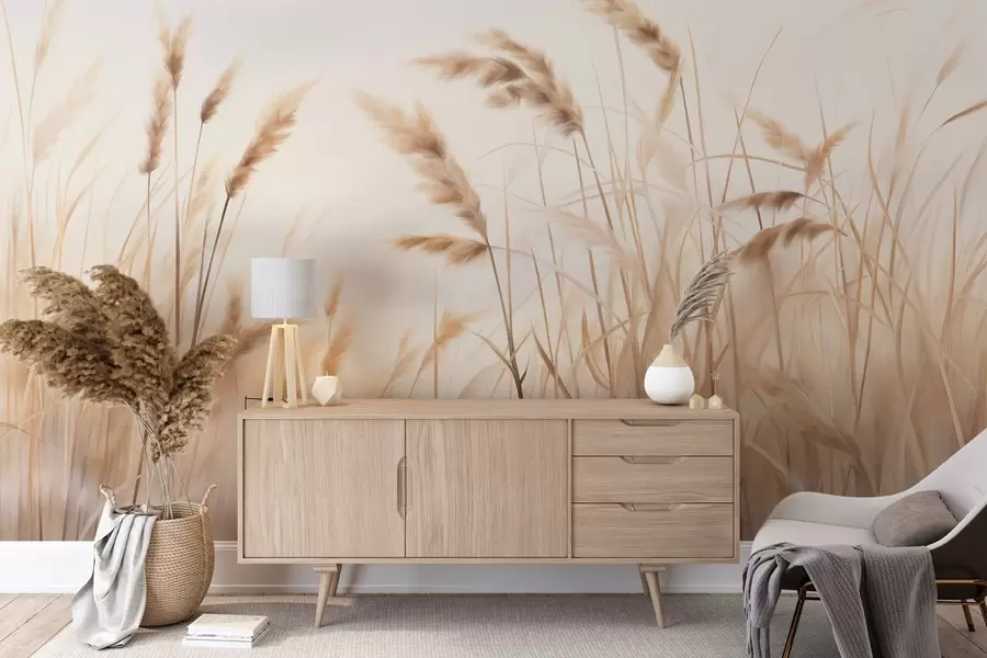 wall murals Tall, textured dry grass with ears of wheat in the field against a soft, pale background w09648