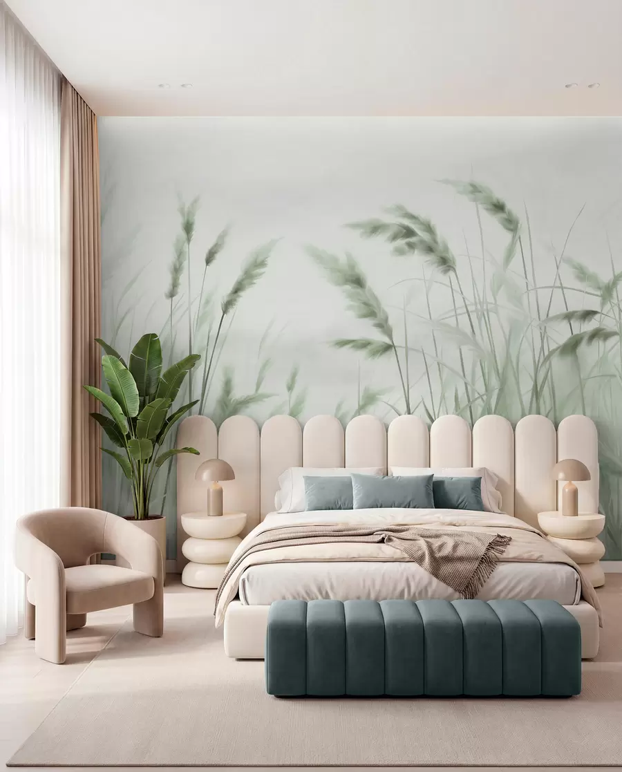wall murals Tall, textured dry grass with ears of wheat in the field against a soft, pale background w09648v1