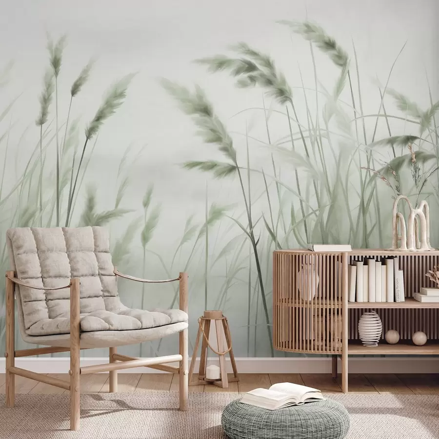 wall murals Tall, textured dry grass with ears of wheat in the field against a soft, pale background w09648v1