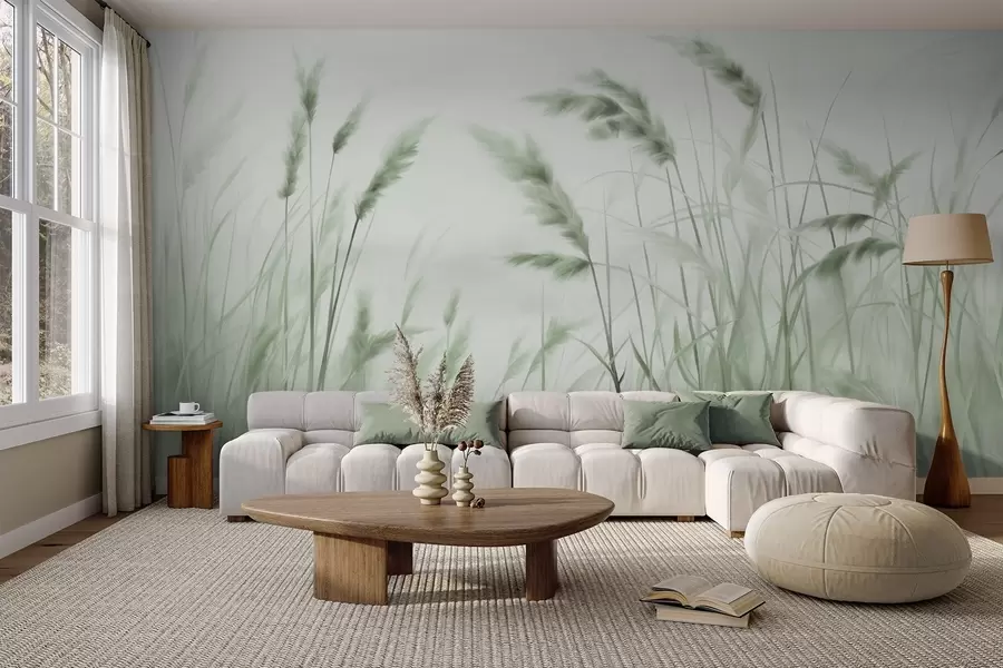 wall murals Tall, textured dry grass with ears of wheat in the field against a soft, pale background w09648v1