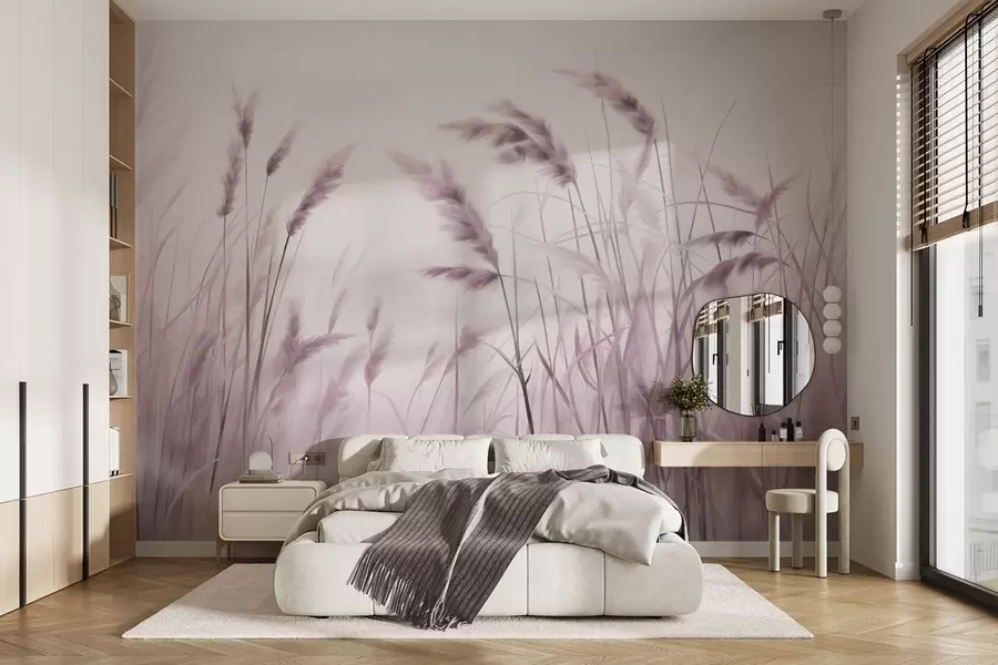 wall murals Tall, textured dry grass with ears of wheat in the field against a soft, pale background w09648v2
