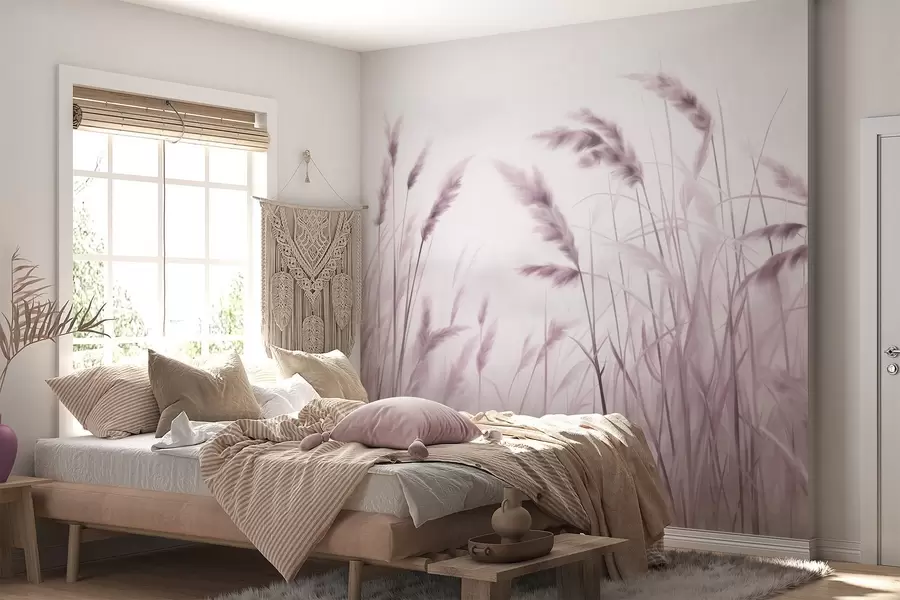 wall murals Tall, textured dry grass with ears of wheat in the field against a soft, pale background w09648v2