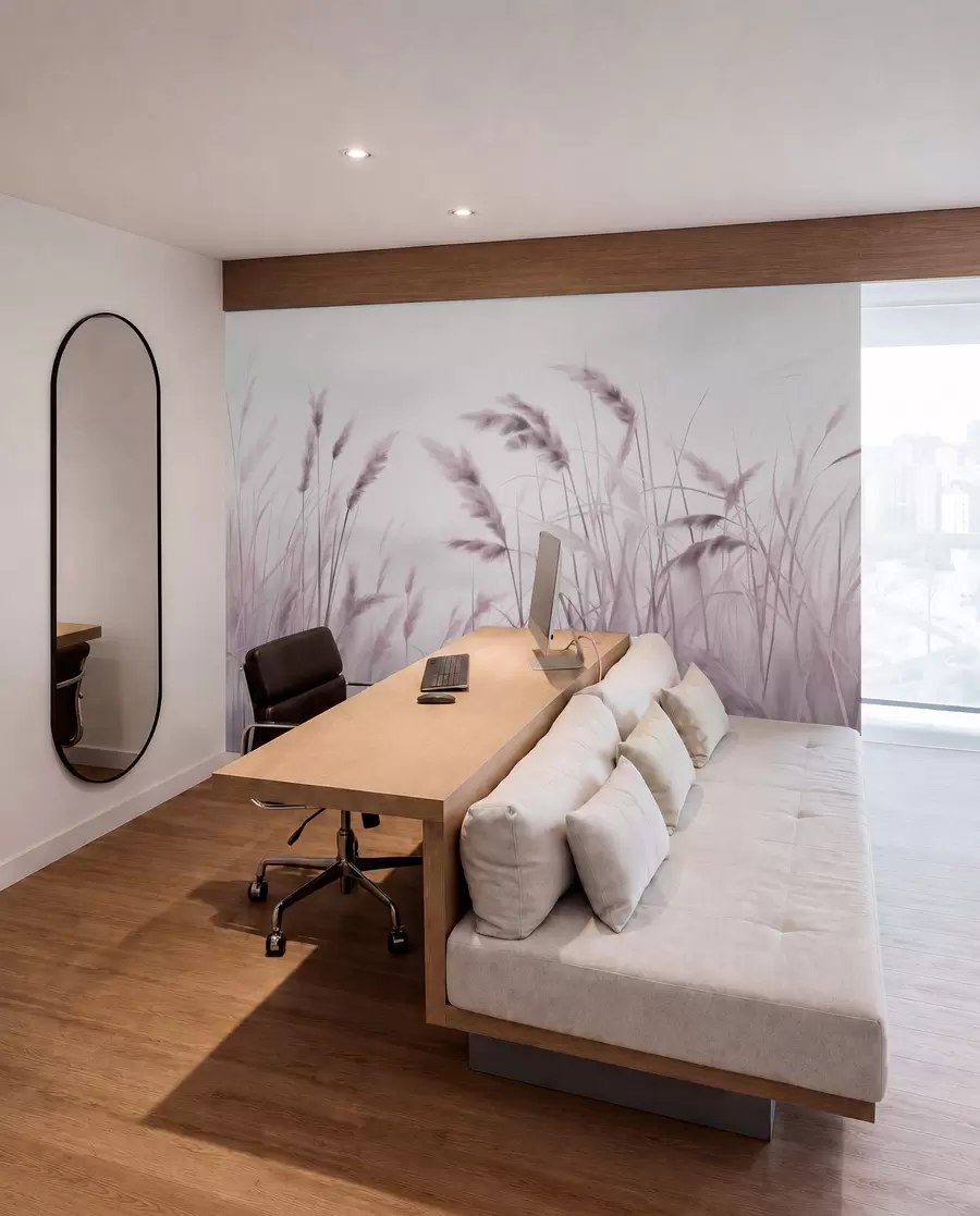 wall murals Tall, textured dry grass with ears of wheat in the field against a soft, pale background w09648v2