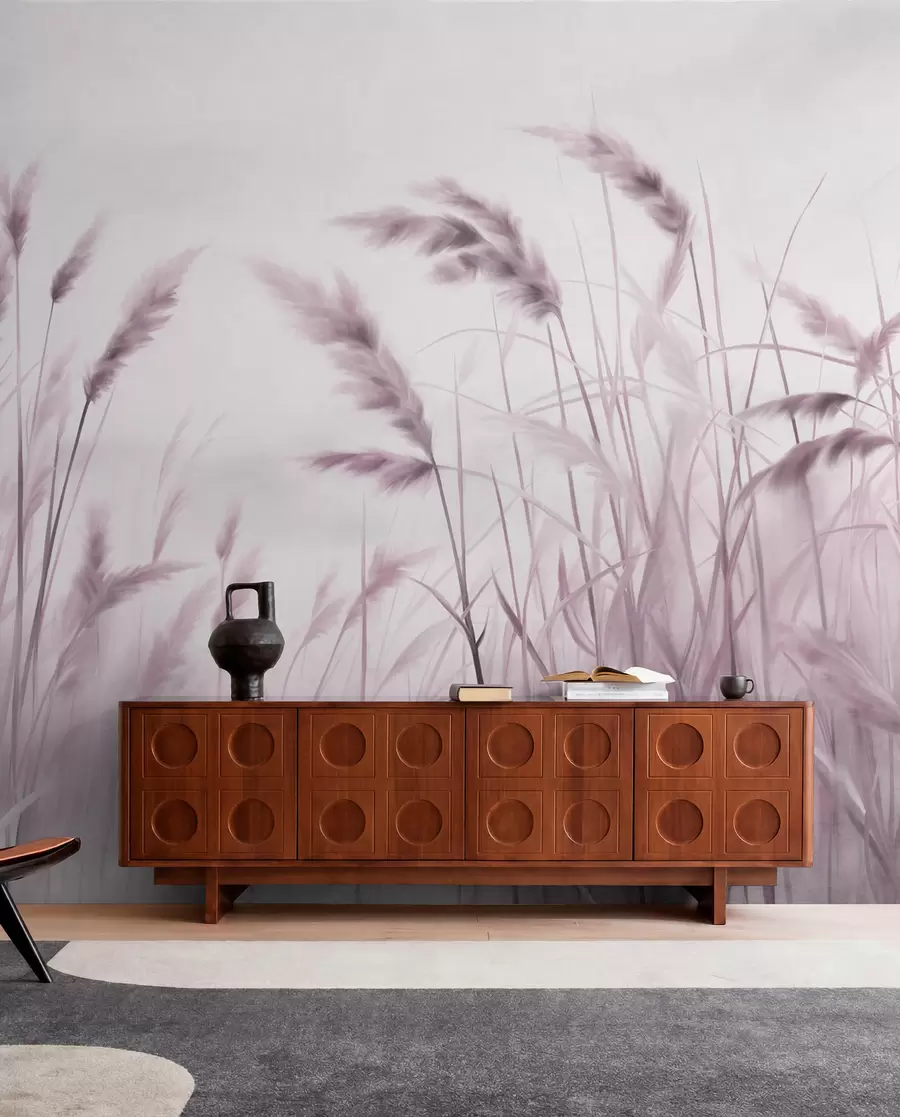 wall murals Tall, textured dry grass with ears of wheat in the field against a soft, pale background w09648v2