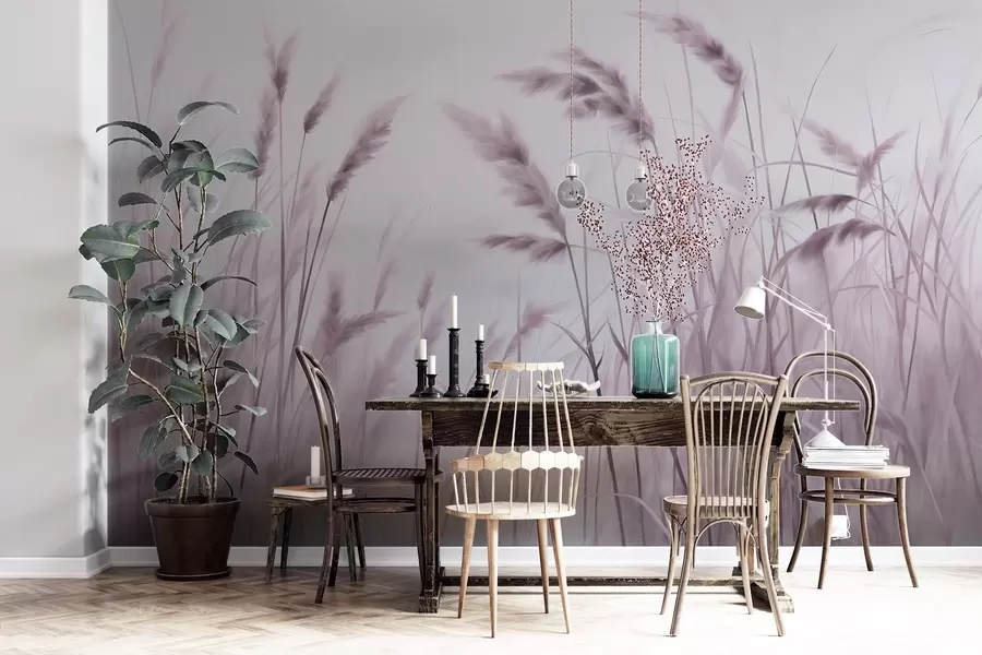 wall murals Tall, textured dry grass with ears of wheat in the field against a soft, pale background w09648v2