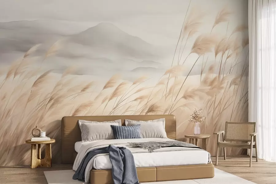 wall murals Textured mountain landscape with tall, dry grass under a hazy sky w09649