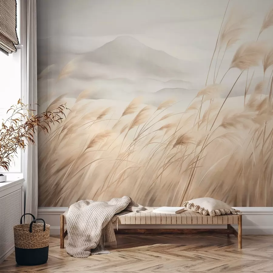 wall murals Textured mountain landscape with tall, dry grass under a hazy sky w09649