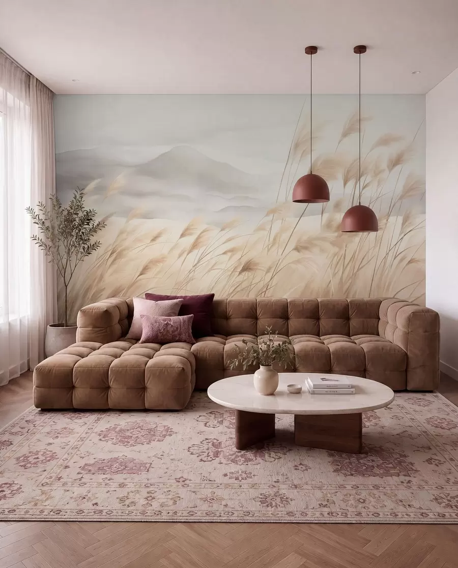 wall murals Textured mountain landscape with tall, dry grass under a hazy sky w09649