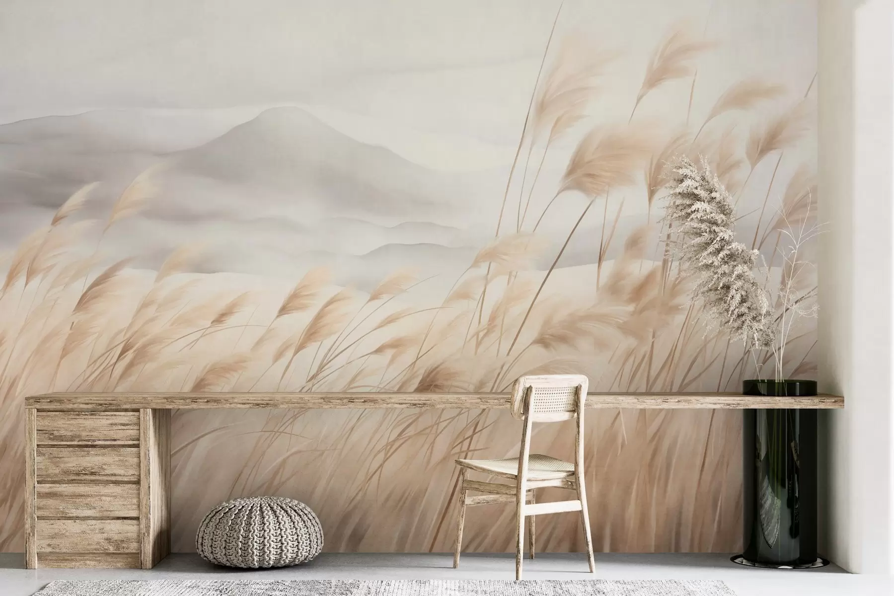 wall murals Textured mountain landscape with tall, dry grass under a hazy sky w09649