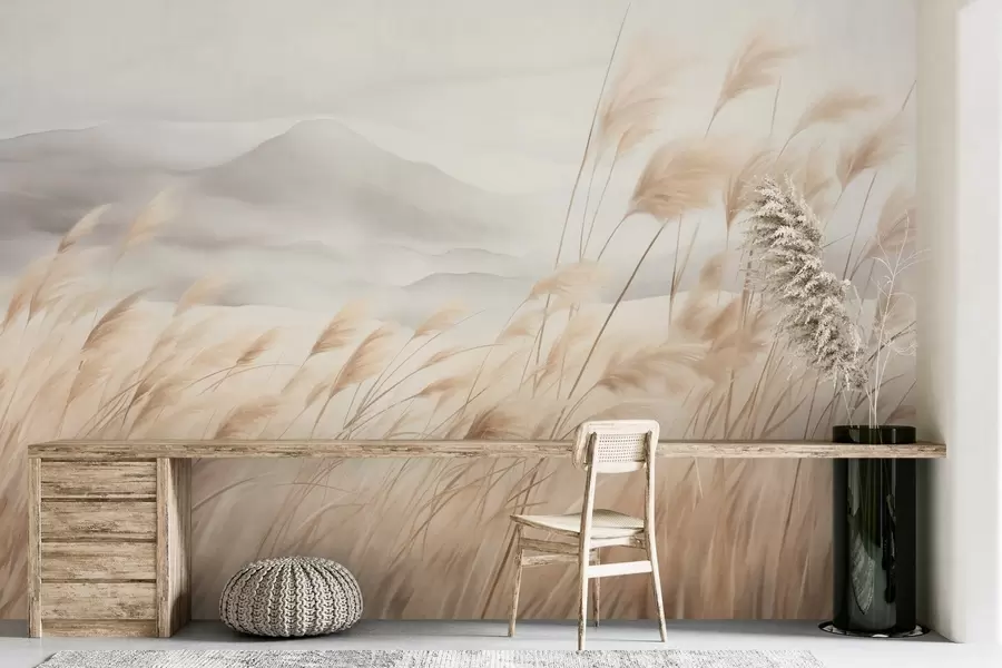 wall murals Textured mountain landscape with tall, dry grass under a hazy sky w09649