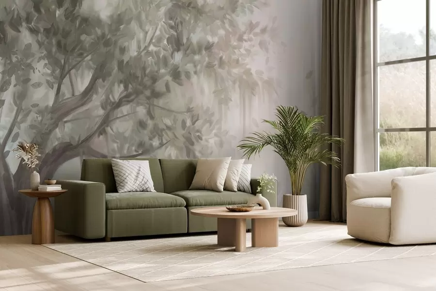 wall murals Textured tree with light green leaves and branches, with a soft, hazy background w09650