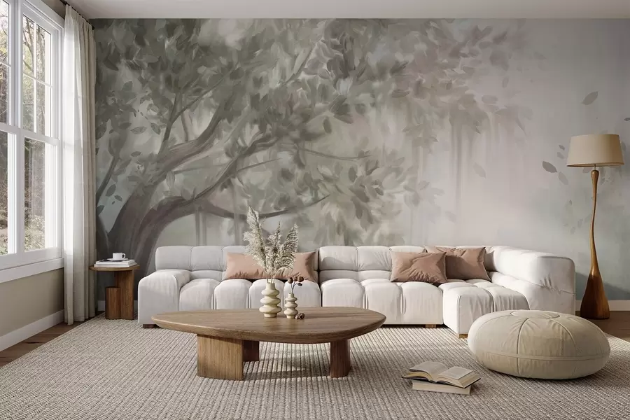wall murals Textured tree with light green leaves and branches, with a soft, hazy background w09650