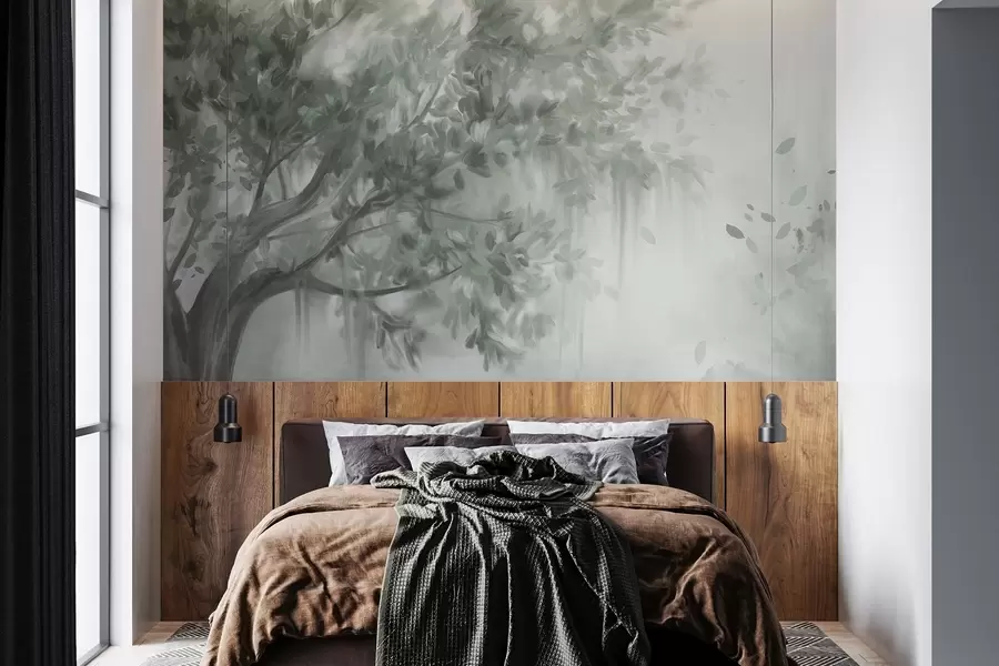 wall murals Textured tree with green leaves and branches, with a soft, hazy background w09650v1