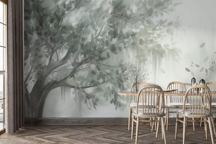 wall murals Textured tree with green leaves and branches, with a soft, hazy background w09650v1