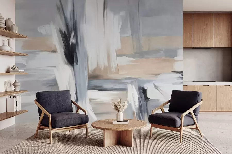 wall murals Abstract textured painting style with brushstrokes in shades of white, gray and beige w09651