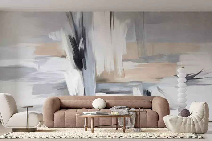 wall murals Abstract textured painting style with brushstrokes in shades of white, gray and beige w09651