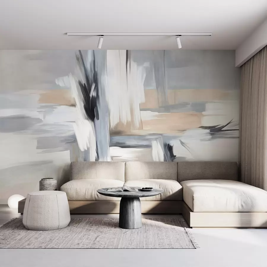 wall murals Abstract textured painting style with brushstrokes in shades of white, gray and beige w09651