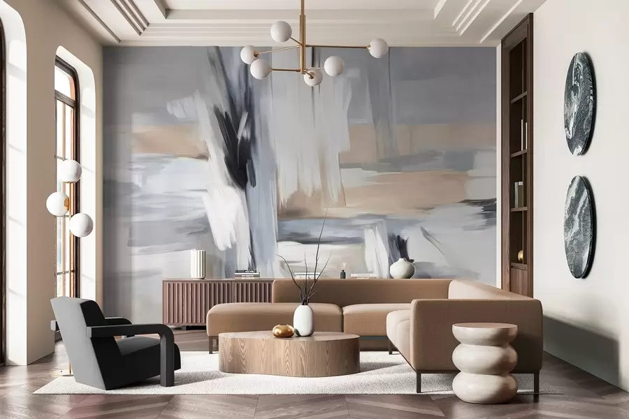 wall murals Abstract textured painting style with brushstrokes in shades of white, gray and beige w09651