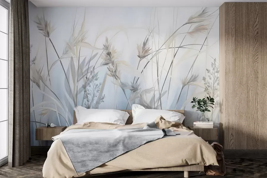 wall murals Tall, dry grass stalks with feathery tops in muted tones, soft, hazy blue and white background w09652
