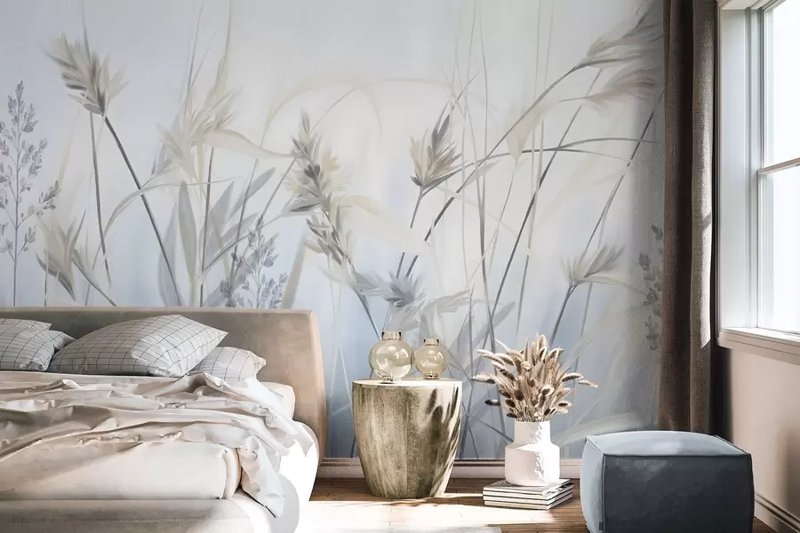 wall murals Tall, dry grass stalks with feathery tops in muted tones, soft, hazy blue and white background w09652