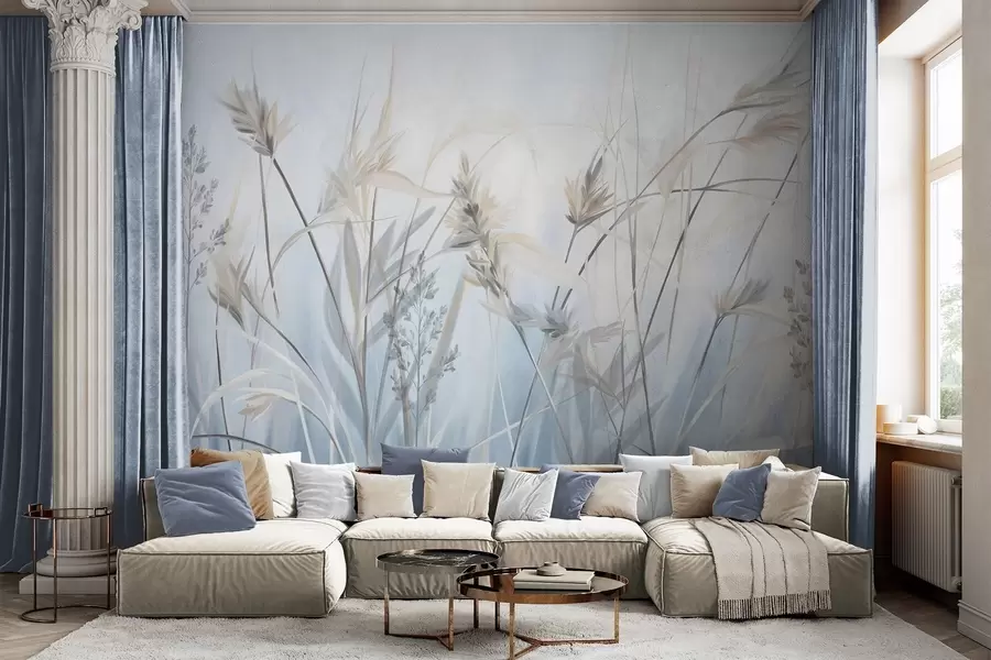 wall murals Tall, dry grass stalks with feathery tops in muted tones, soft, hazy blue and white background w09652