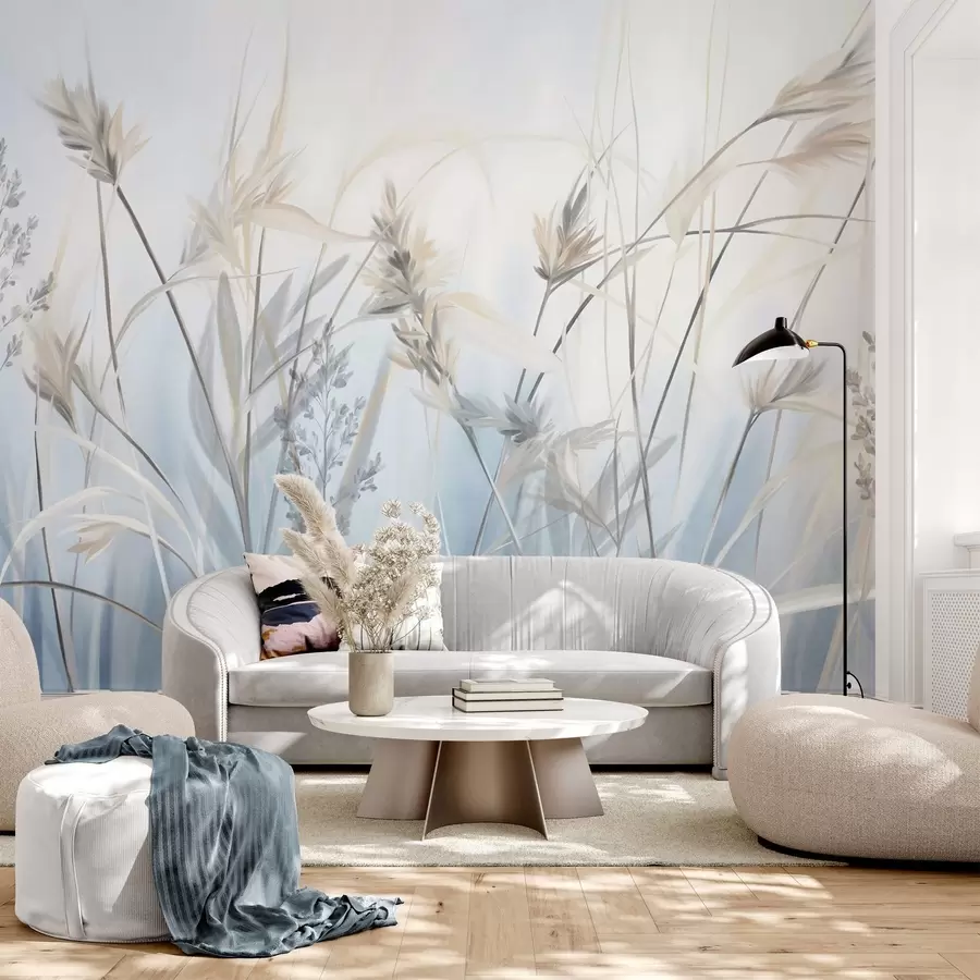 wall murals Tall, dry grass stalks with feathery tops in muted tones, soft, hazy blue and white background w09652