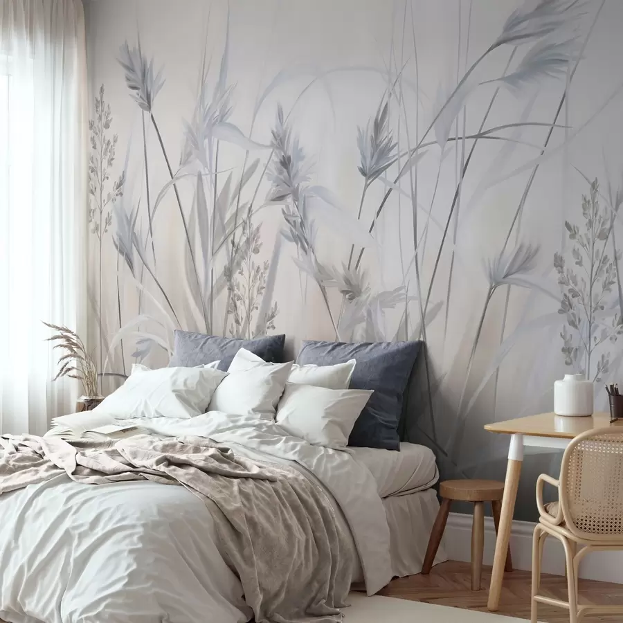 wall murals Tall, dry grass stalks with feathery tops in muted tones, soft, hazy white and beige background w09652v1