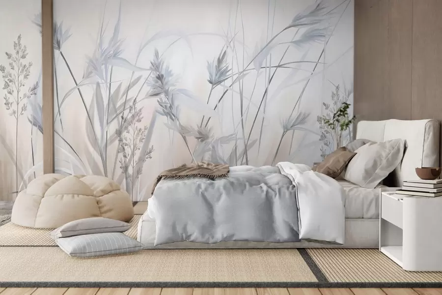 wall murals Tall, dry grass stalks with feathery tops in muted tones, soft, hazy white and beige background w09652v1