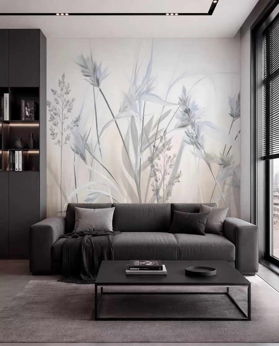 wall murals Tall, dry grass stalks with feathery tops in muted tones, soft, hazy white and beige background w09652v1