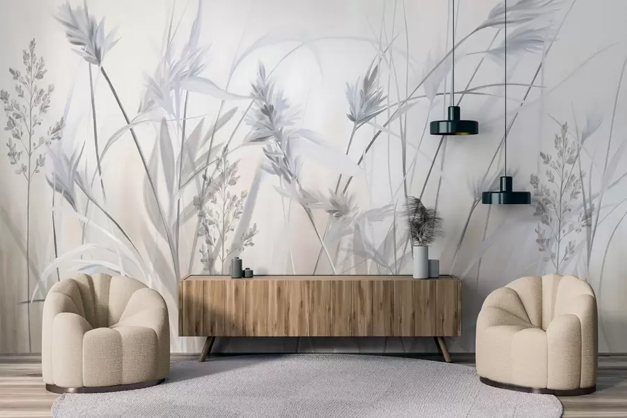 wall murals Tall, dry grass stalks with feathery tops in muted tones, soft, hazy white and beige background w09652v1