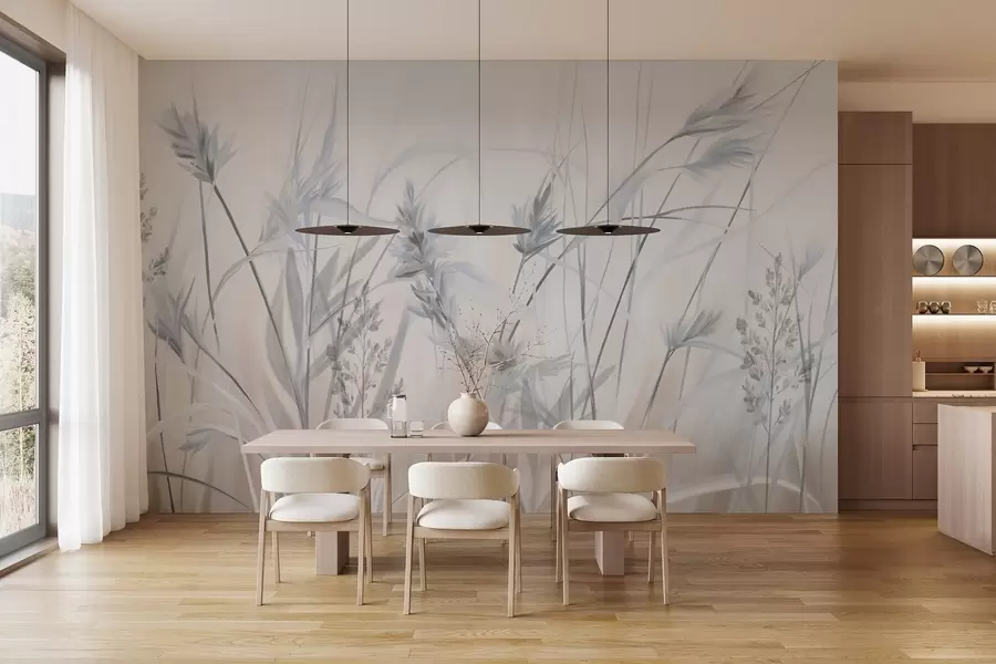 wall murals Tall, dry grass stalks with feathery tops in muted tones, soft, hazy white and beige background w09652v1