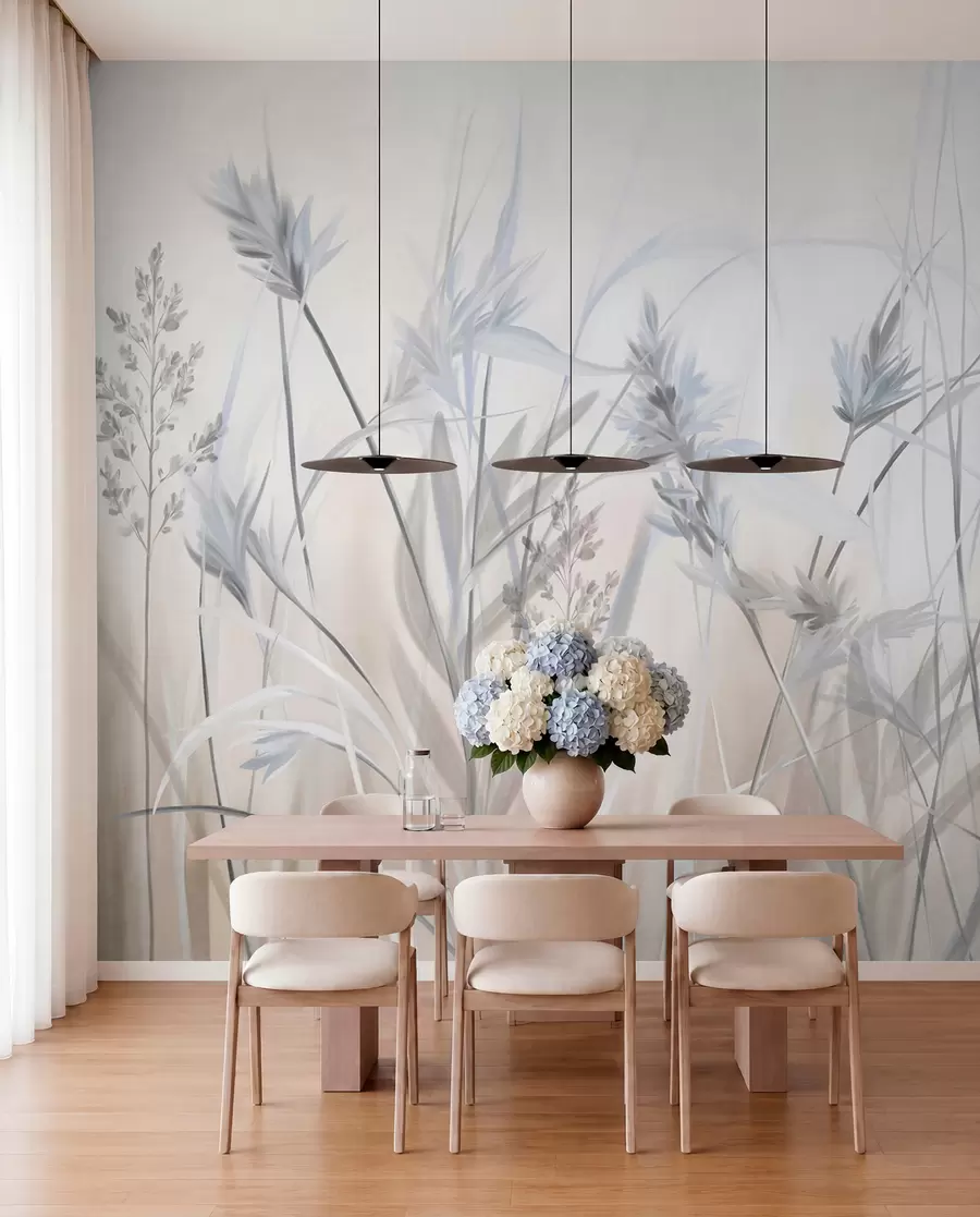 wall murals Tall, dry grass stalks with feathery tops in muted tones, soft, hazy white and beige background w09652v1