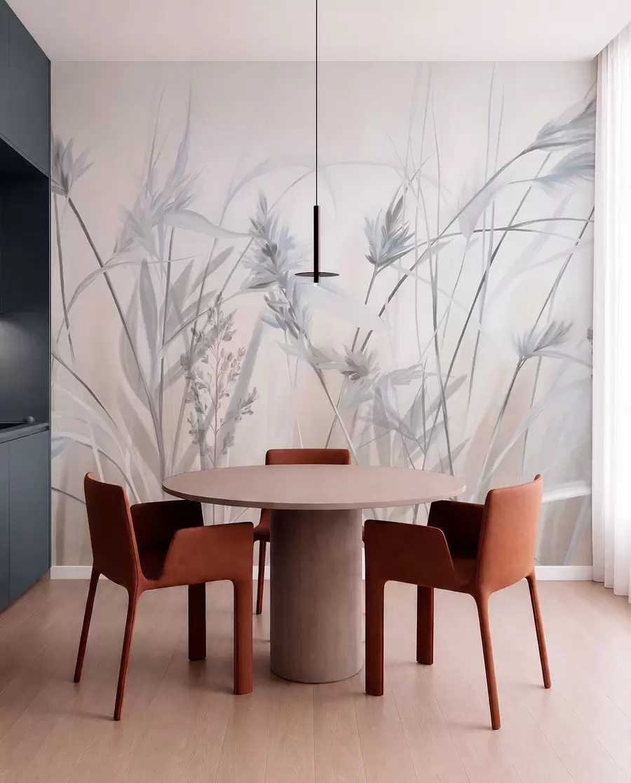 wall murals Tall, dry grass stalks with feathery tops in muted tones, soft, hazy white and beige background w09652v1
