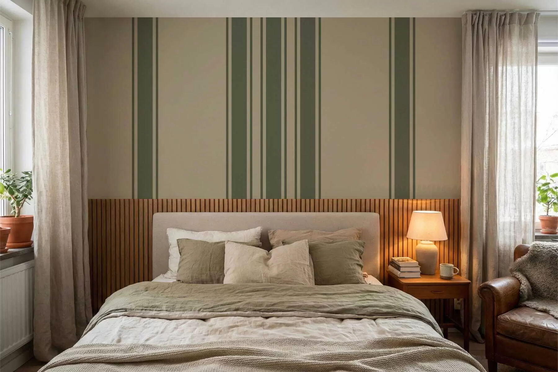 wall murals Vertical stripes in muted green and beige palette w05098
