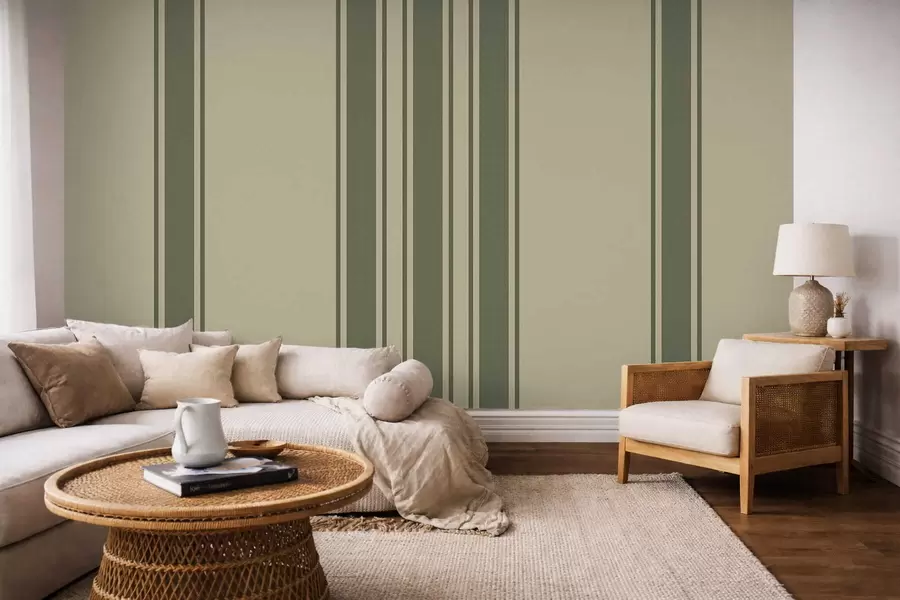 wall murals Vertical stripes in muted green and beige palette w05098