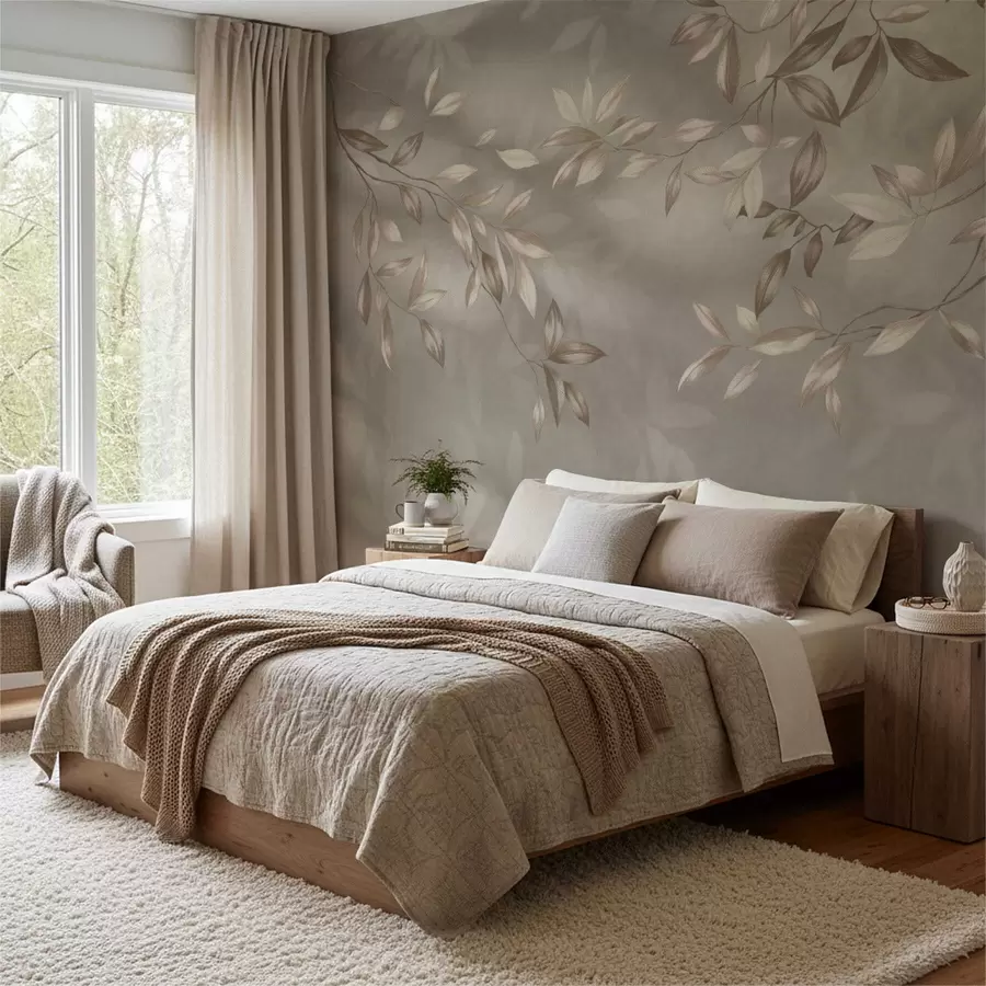 wall murals Elegant leafy branches in beige shades on a light background w05113