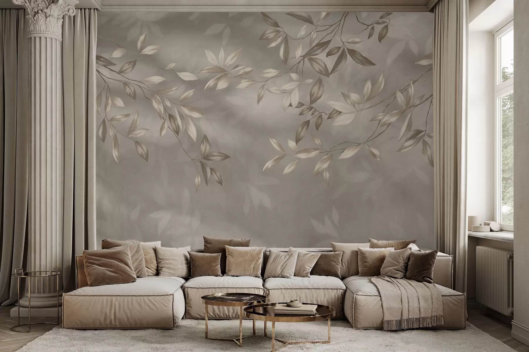 wall murals Elegant leafy branches in beige shades on a light background w05113