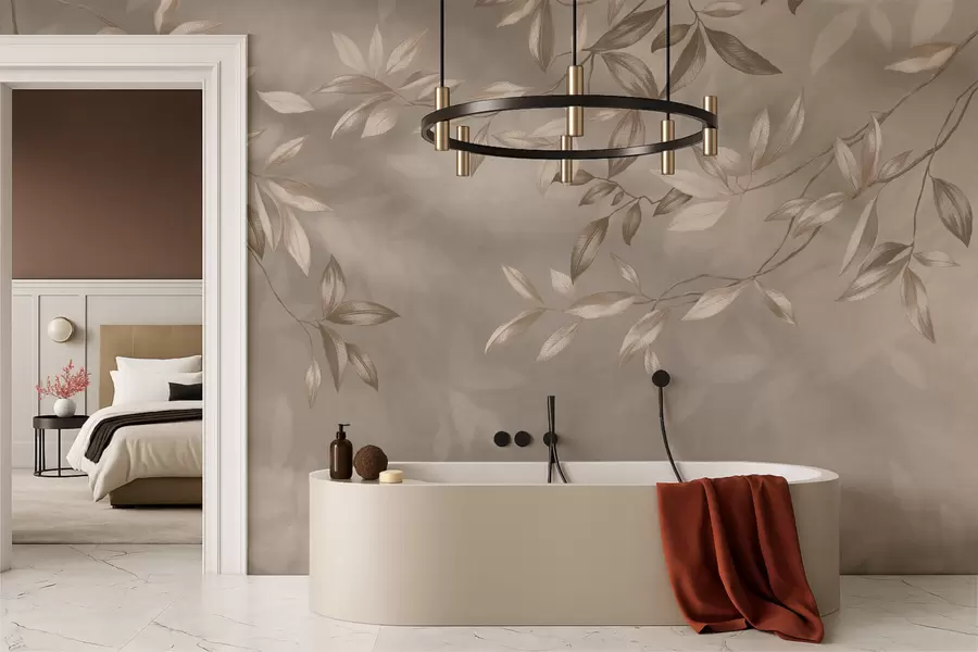 wall murals Elegant leafy branches in beige shades on a light background w05113