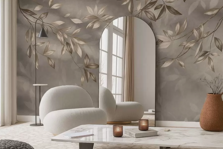 wall murals Delicate leafy branches in beige tones on a light background w05113v2